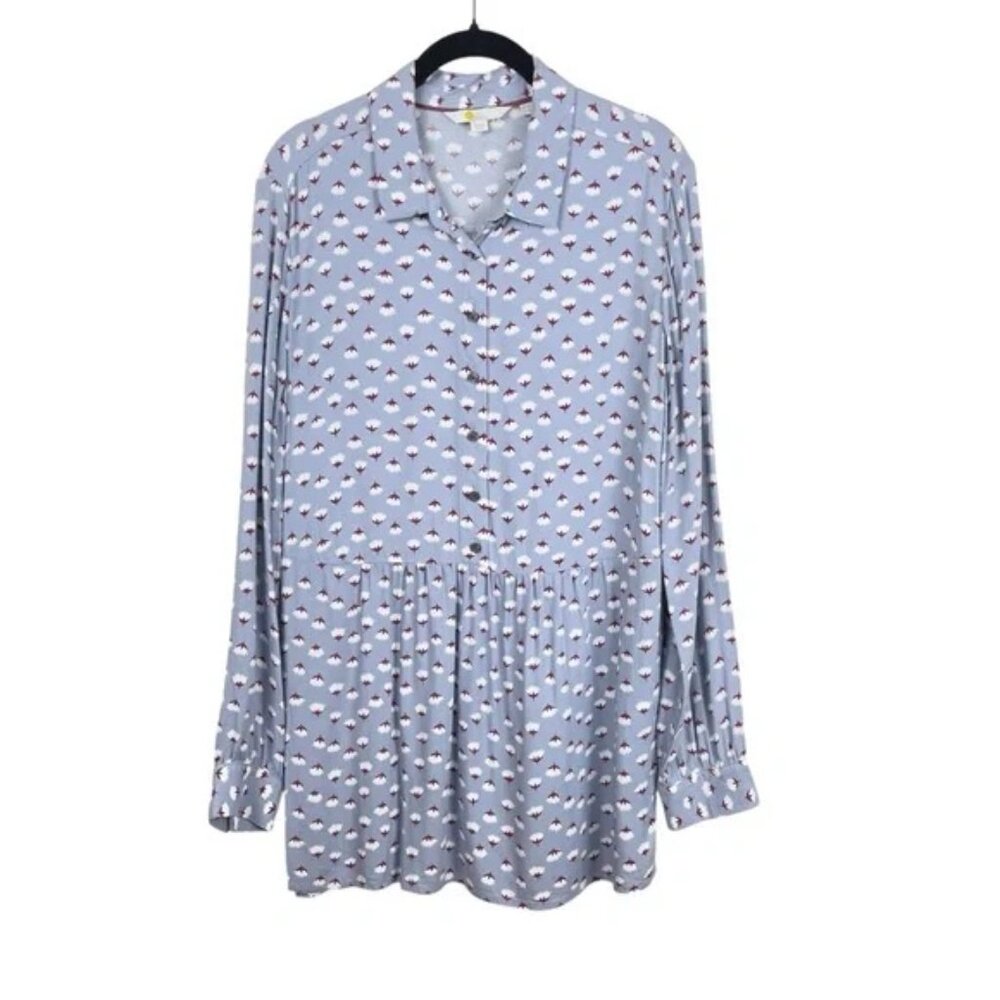Boden Collared Button Front Peplum Tunic Blouse Long Sleeved Floral Light Blue 8